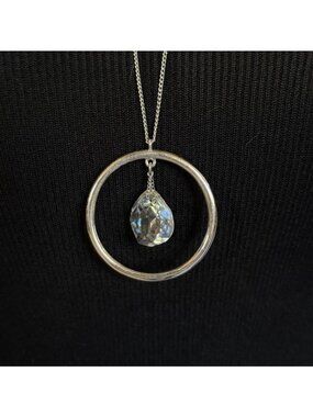 Swarovski Silver Tone Long Crystal Circle Hoop Pendant Necklace Adjustable
